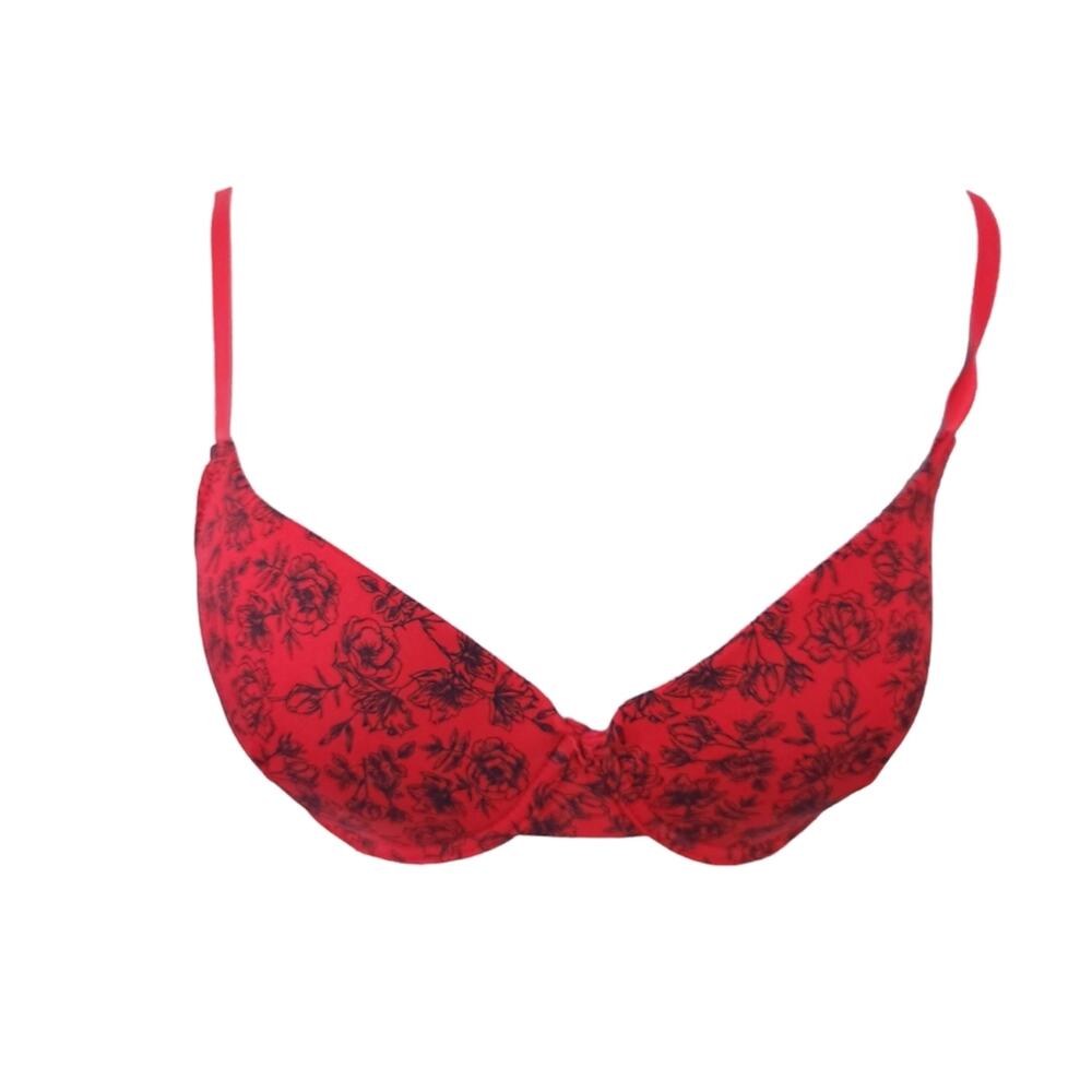 Womens Bra 36C Red and Black Roses Floral Underwire Molded Foam Cups